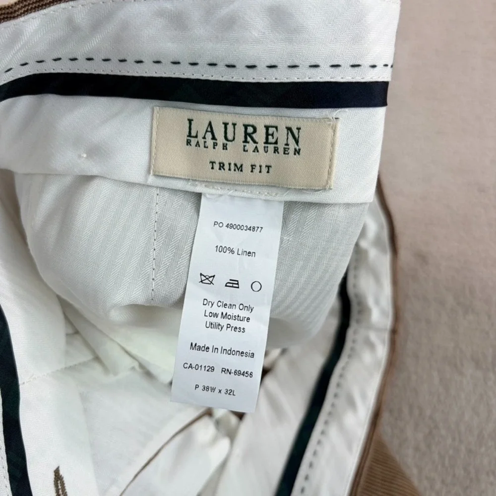 Lauren Ralph Lauren Trim Fit Trouser Pants in Brown 100% Linen Flat Front NWT